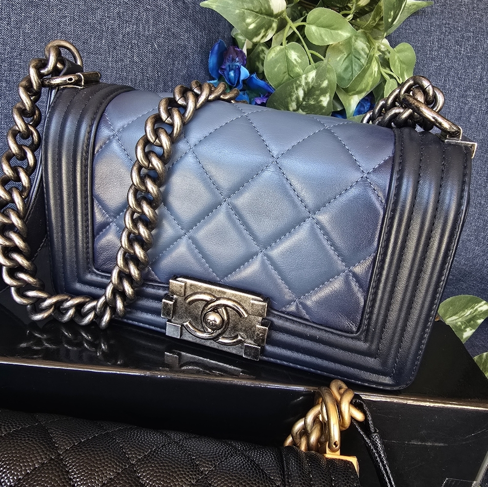 Authentic Chanel Boy Quilted Ombre Calfskin Blue and Black Colors